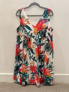 AMBAR sleeveless empire-waist mini dress w/ vibrant tropical/floral/palm print